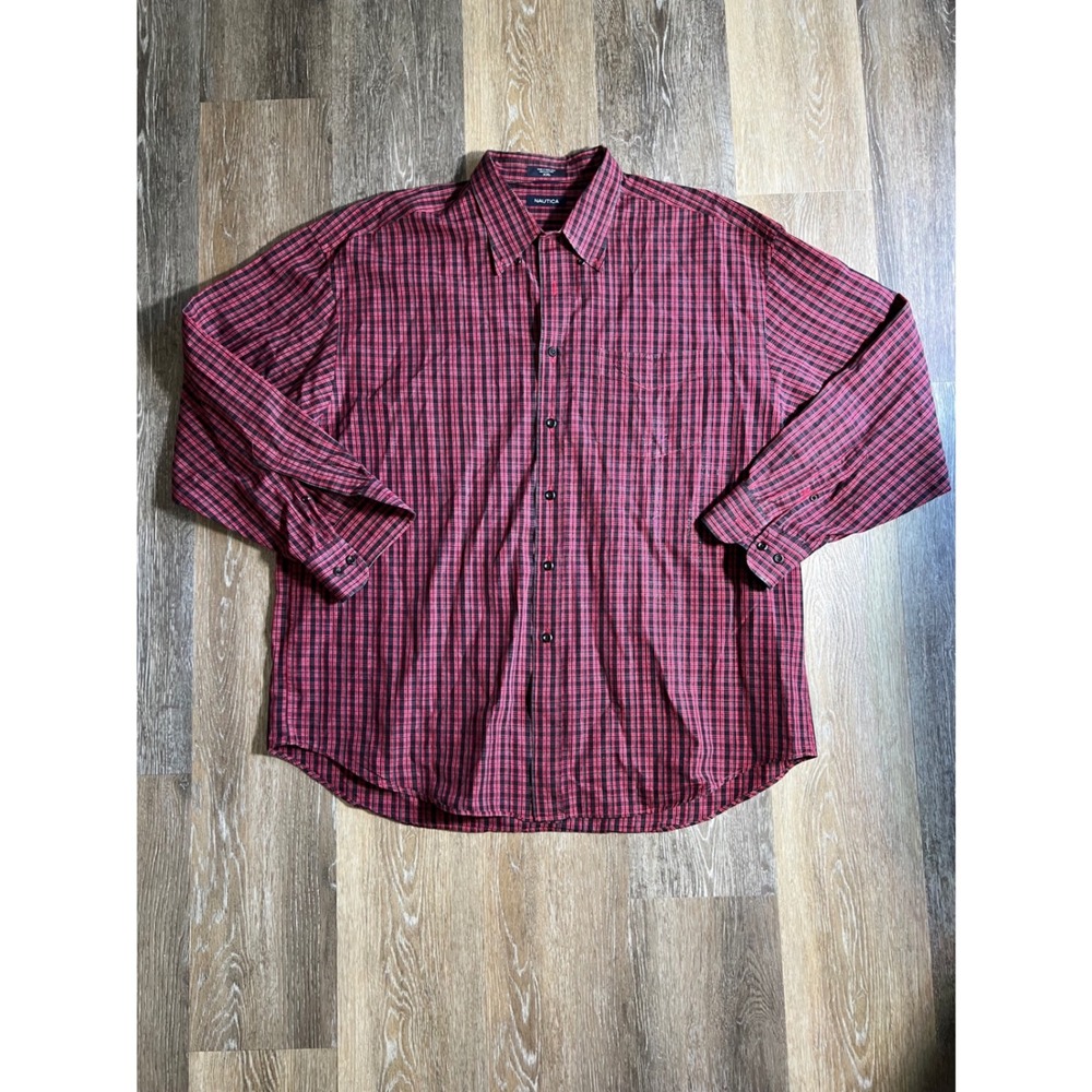 Nautica Mens XXL Red Black Plaid Cotton Long Sleeve Button Down Shirt